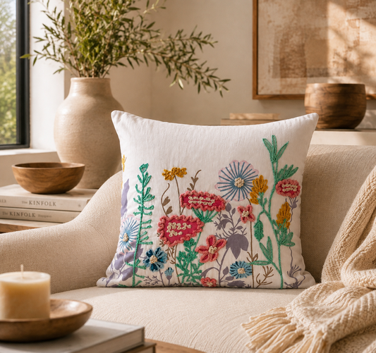 Botanical Garden Embroidered Cushion Cover – Elegant Multicolor Floral Decorative Throw Pillow, 18x18, Without Filling