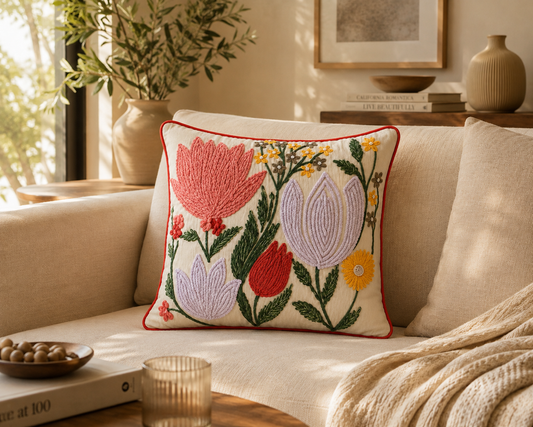 Hand Embroidered Botanical Floral Cushion Cover Without Filling | 18x18 Decorative Throw Pillow Cover