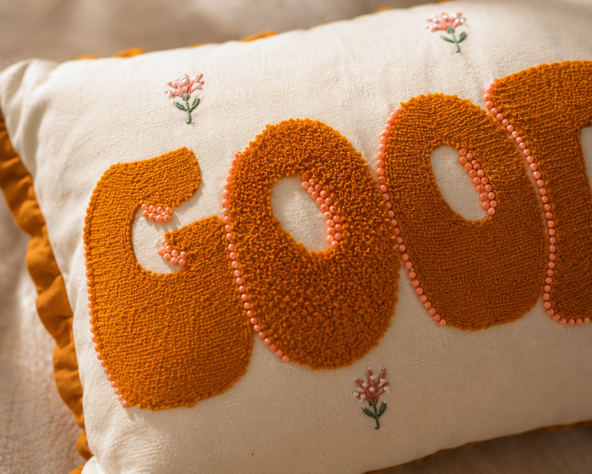 Good Vibes Embroidered Cushion Cover – Orange & Cream Decorative Pillow – 12×34 inches (Without Filling)