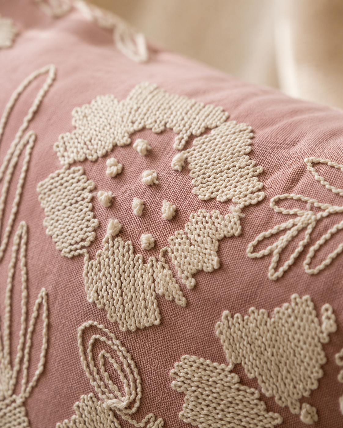 Blush Pink Embroidered Floral Cushion Cover – Elegant Decorative Throw Pillow, 18x18, Without Filling