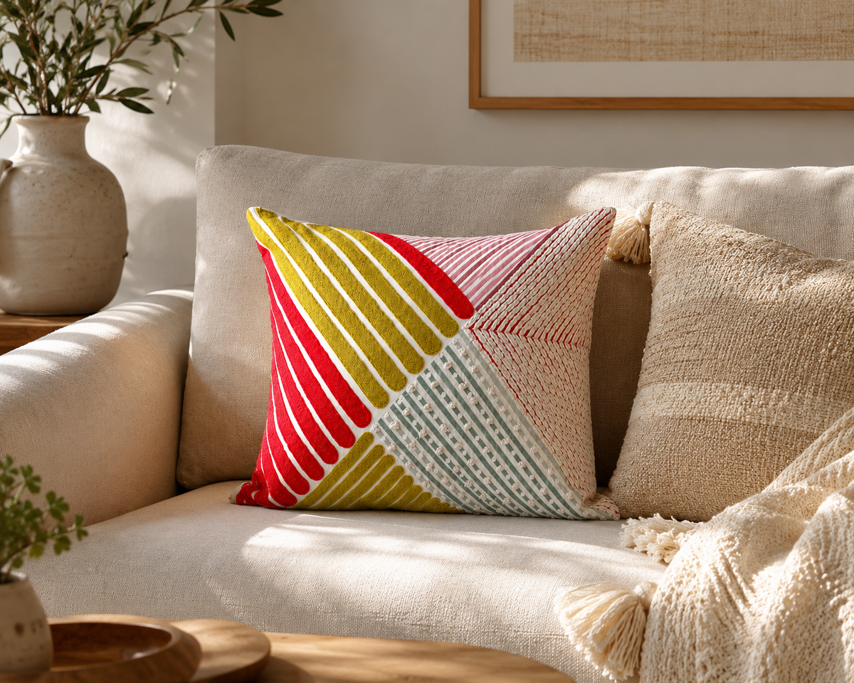 Artisan Geometric Embroidered Cushion Cover – Luxe Multicolor Decorative Pillow, 18x18 Inches