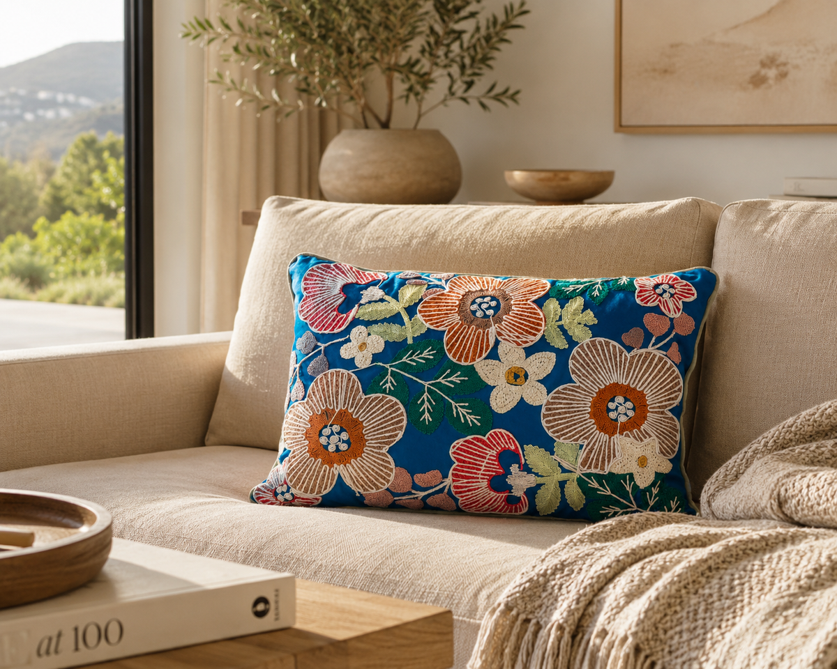 Blue Floral Embroidered Cushion Cover – Colorful Botanical Decorative Throw Pillow, 14x20 Inches (Without Filling)