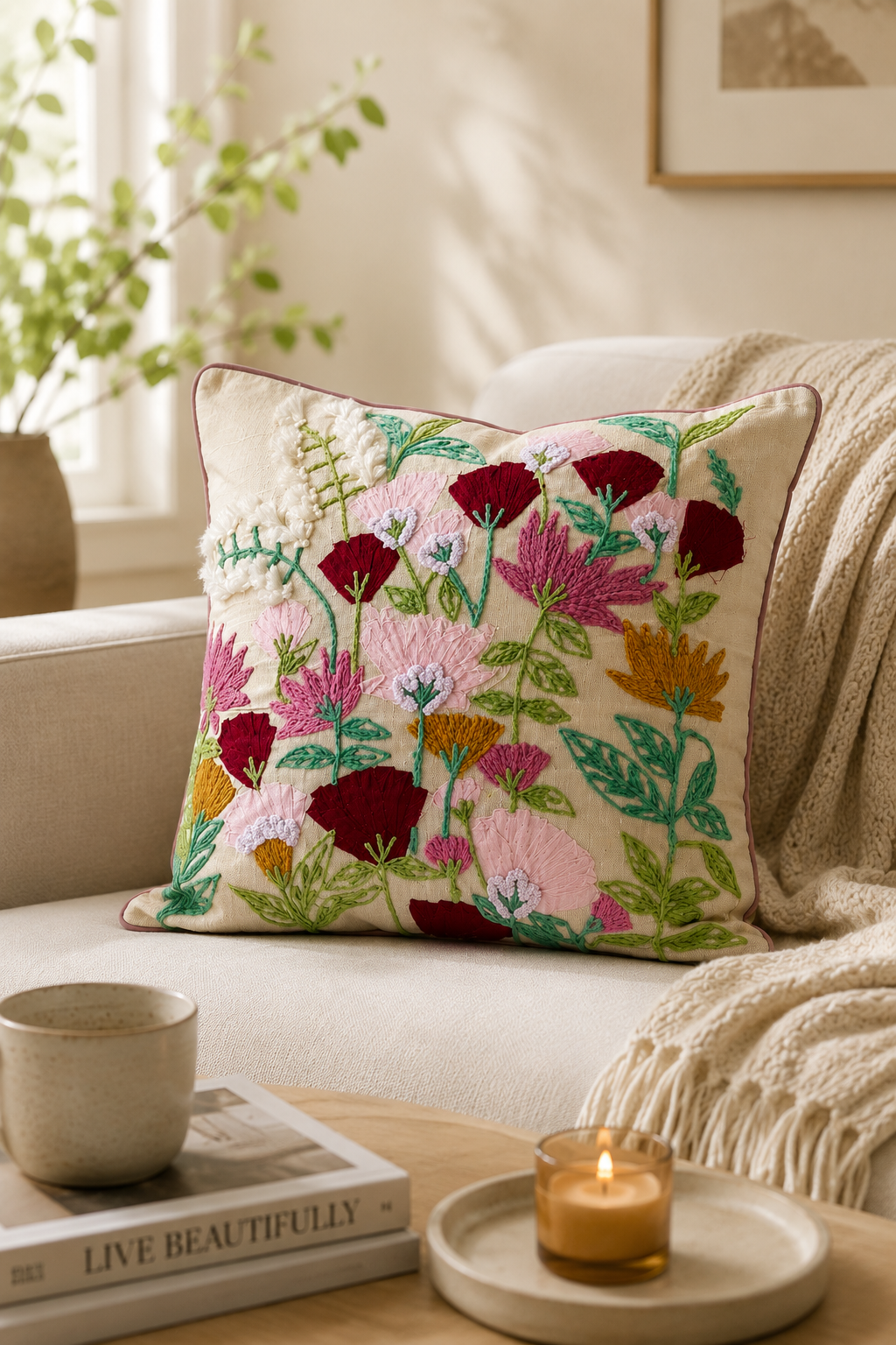 Ivory Botanical Embroidered Cushion Cover – Artisan Floral Decorative Pillow, 18x18 Inches