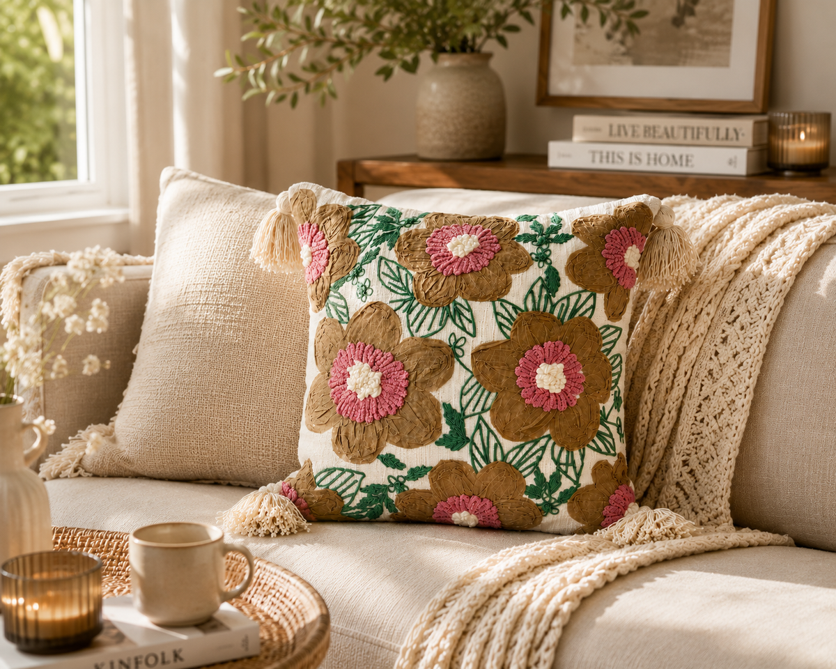 Heritage Floral Embroidered Cushion Cover – Artisan Botanical Decorative Pillow with Tassels, 18x18 Inches