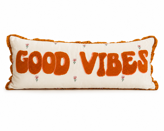Good Vibes Embroidered Cushion Cover – Orange & Cream Decorative Pillow – 12×34 inches (Without Filling)