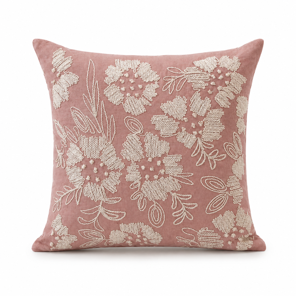 Blush Pink Embroidered Floral Cushion Cover – Elegant Decorative Throw Pillow, 18x18, Without Filling