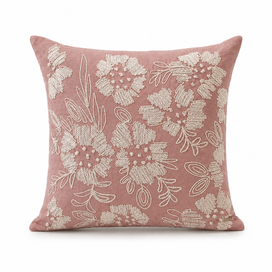 Blush Pink Embroidered Floral Cushion Cover – Elegant Decorative Throw Pillow, 18x18, Without Filling