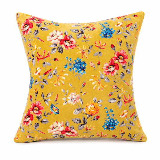 Mustard Yellow Floral Cushion Cover – Vintage Botanical Decorative Pillow, 18x18, Without Filling