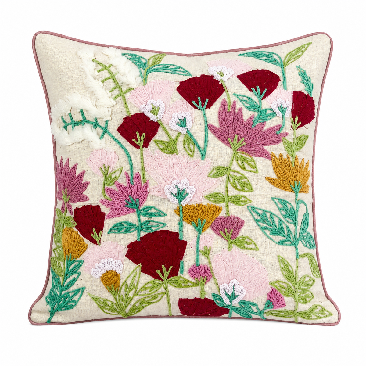 Ivory Botanical Embroidered Cushion Cover – Artisan Floral Decorative Pillow, 18x18 Inches