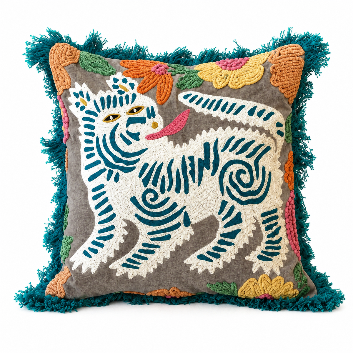Embroidered Tiger Cushion Cover – 18×18 Decorative Throw Pillow Cover with Fringe (Without Filling)