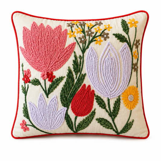 Hand Embroidered Botanical Floral Cushion Cover Without Filling | 18x18 Decorative Throw Pillow Cover