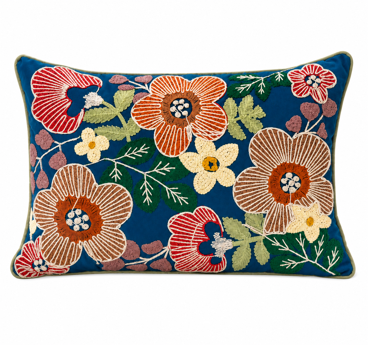 Blue Floral Embroidered Cushion Cover – Colorful Botanical Decorative Throw Pillow, 14x20 Inches (Without Filling)