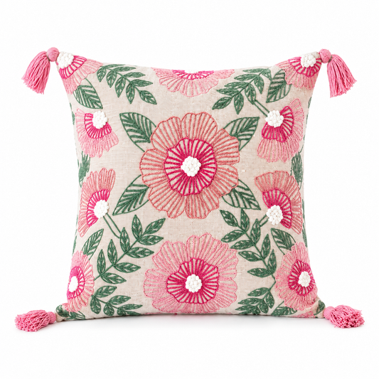 Pink Blossom Embroidered Tassel Cushion Cover – 18×18 Decorative Throw Pillow Cover (Without Filling)