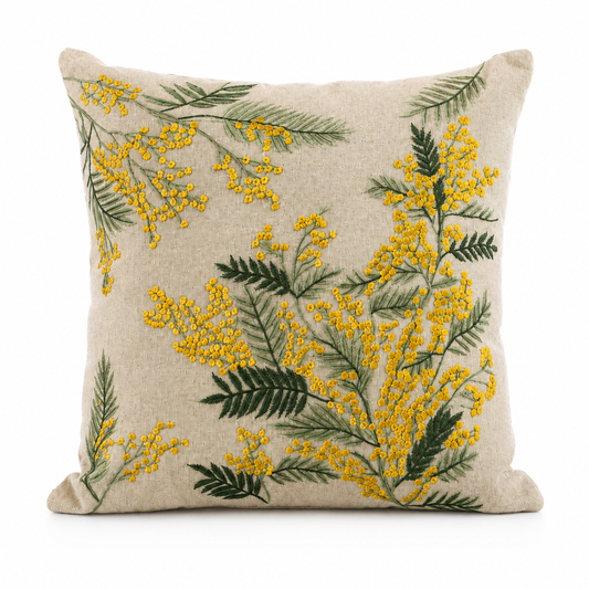 Golden Mimosa Embroidered Cushion Cover – 18x18 Decorative Throw Pillow Cover (Without Filling)