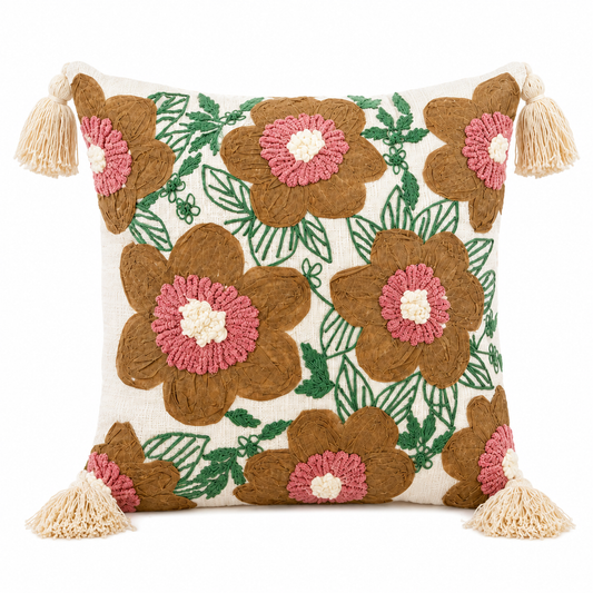 Heritage Floral Embroidered Cushion Cover – Artisan Botanical Decorative Pillow with Tassels, 18x18 Inches