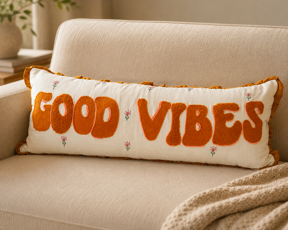 Good Vibes Embroidered Cushion Cover – Orange & Cream Decorative Pillow – 12×34 inches (Without Filling)