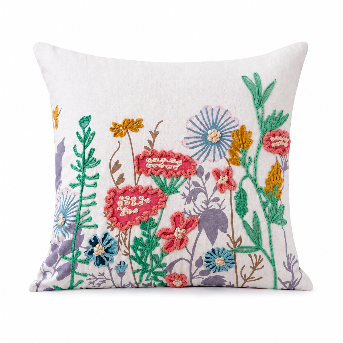 Botanical Garden Embroidered Cushion Cover – Elegant Multicolor Floral Decorative Throw Pillow, 18x18, Without Filling