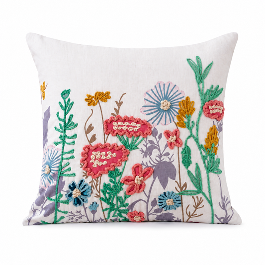 Botanical Garden Embroidered Cushion Cover – Elegant Multicolor Floral Decorative Throw Pillow, 18x18, Without Filling