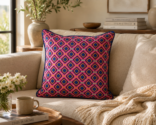 Pink & Navy Geometric Decorative Cushion Cover – 18x18" | Modern Patterned Throw Pillow Cover – Without Filling