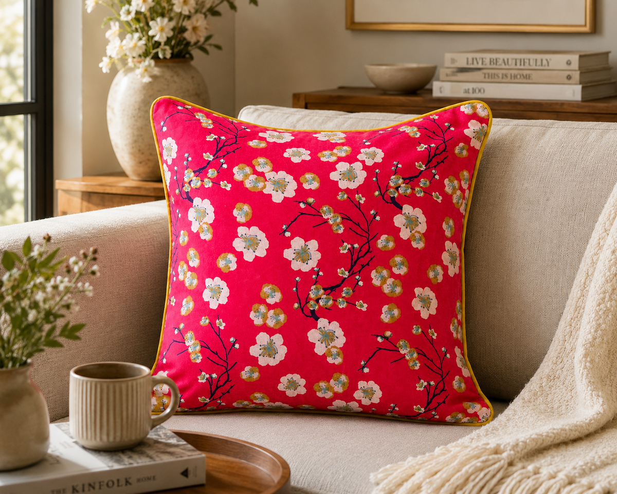 Pink Floral Blossom Cushion Cover – Decorative Throw Pillow Cover, 18x18, Without Filling