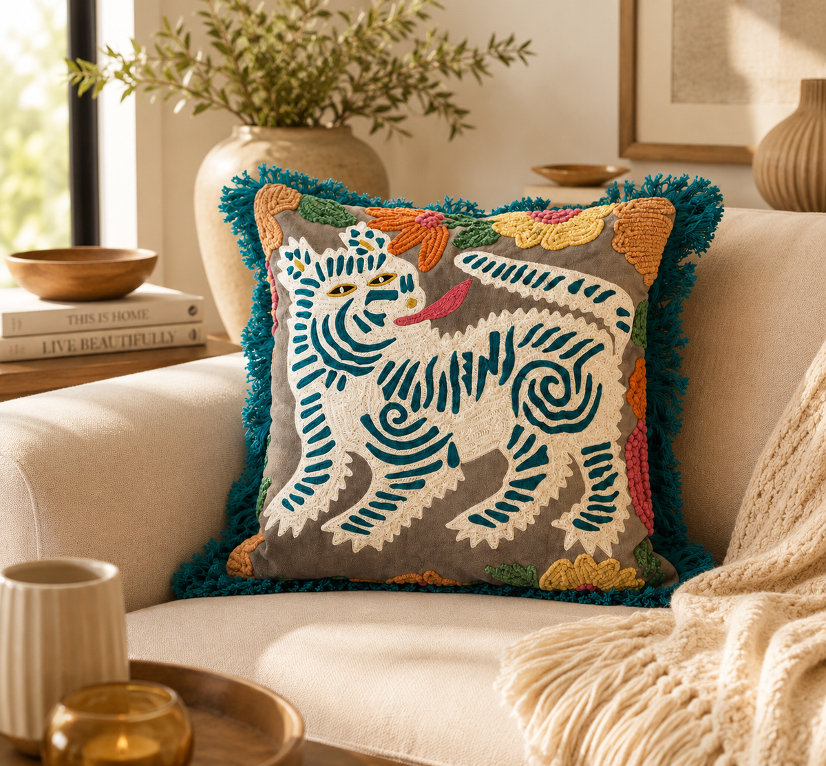 Embroidered Tiger Cushion Cover – 18×18 Decorative Throw Pillow Cover with Fringe (Without Filling)