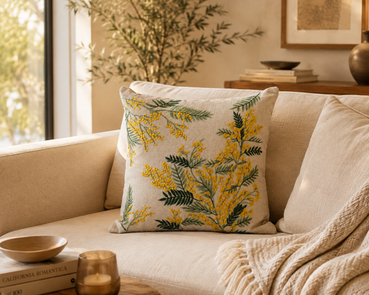 Golden Mimosa Embroidered Cushion Cover – 18x18 Decorative Throw Pillow Cover (Without Filling)