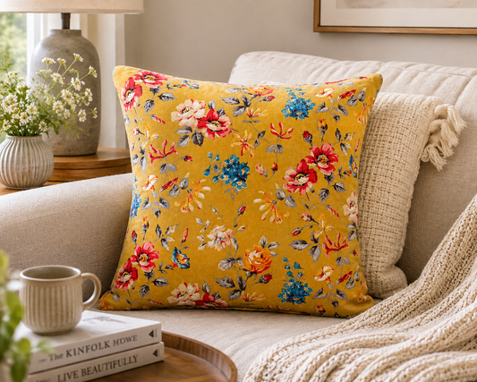 Mustard Yellow Floral Cushion Cover – Vintage Botanical Decorative Pillow, 18x18, Without Filling