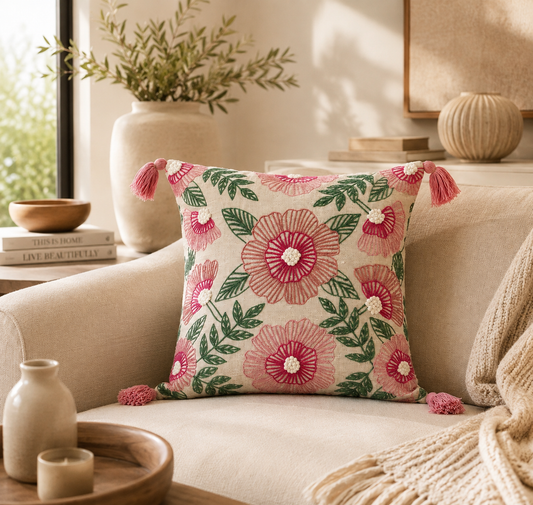 Pink Blossom Embroidered Tassel Cushion Cover – 18×18 Decorative Throw Pillow Cover (Without Filling)