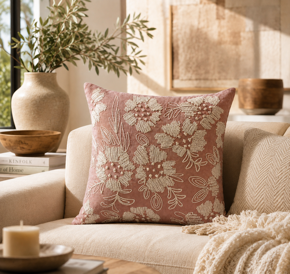 Blush Pink Embroidered Floral Cushion Cover – Elegant Decorative Throw Pillow, 18x18, Without Filling