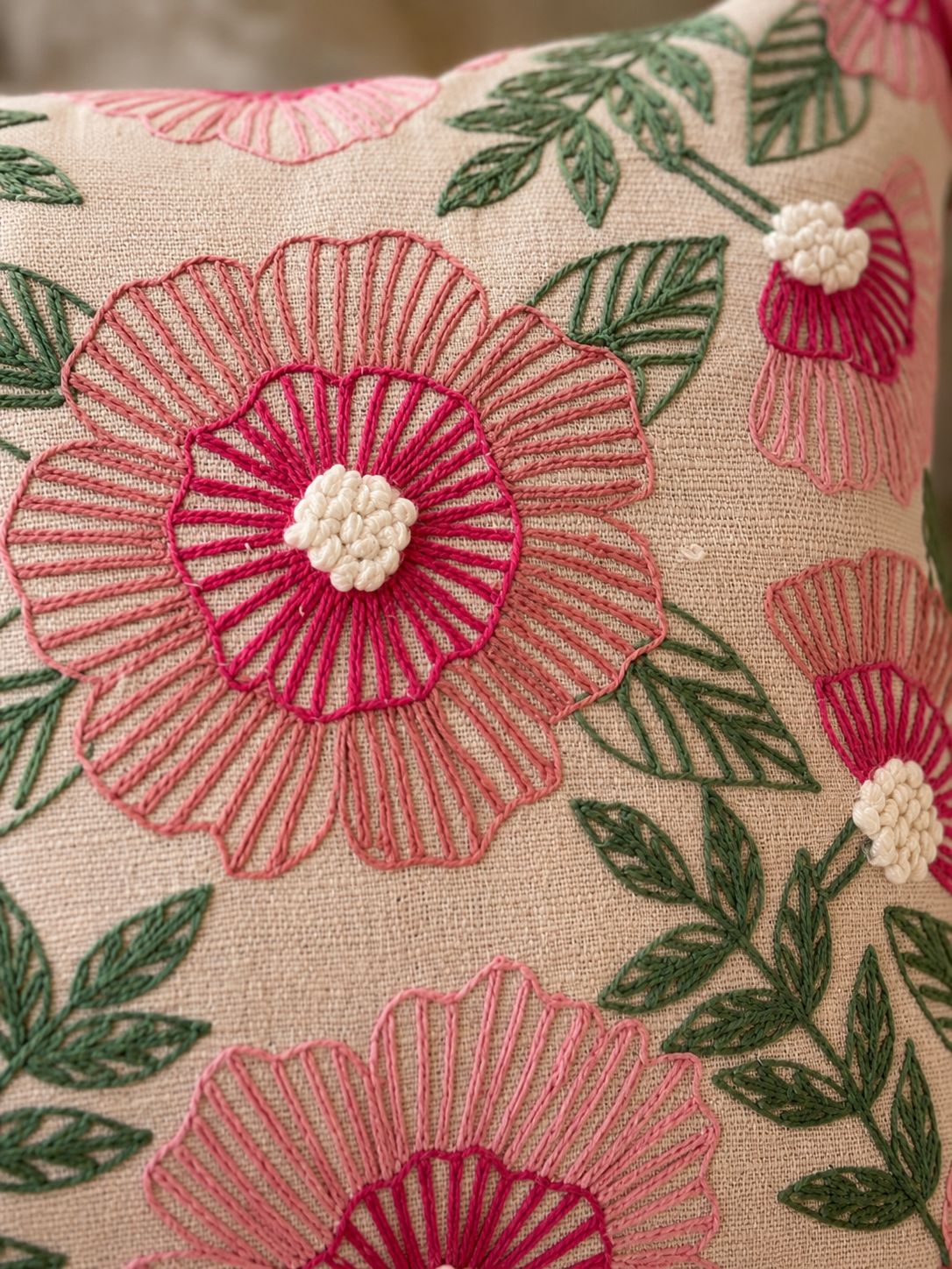 Pink Blossom Embroidered Tassel Cushion Cover – 18×18 Decorative Throw Pillow Cover (Without Filling)