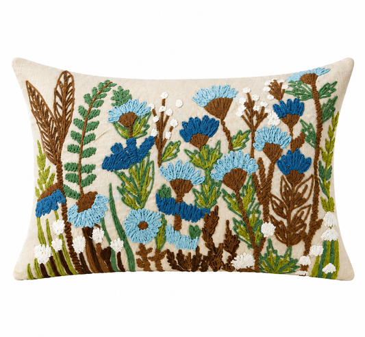 Blue Floral Embroidered Lumbar Cushion Cover – 14x20, Decorative Throw Pillow Cover (Without Filling)